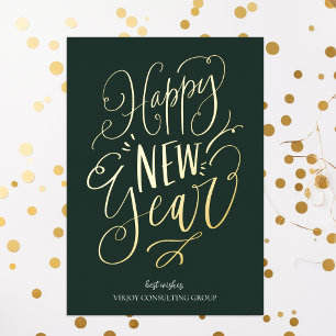 Happy New Year Green Gold Script Modern Business Foil Holiday Card