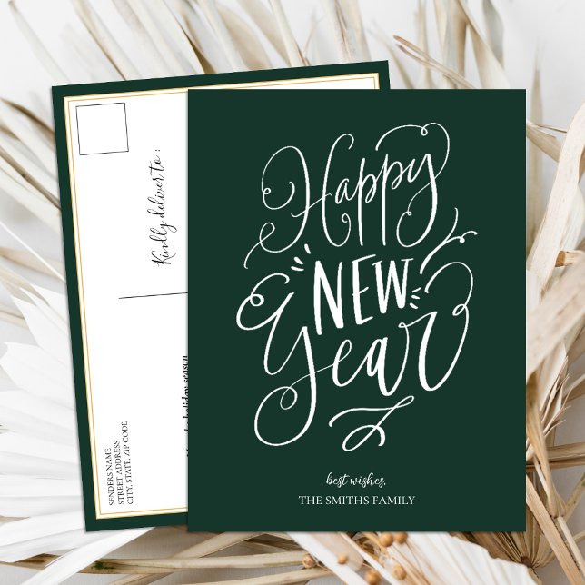 Happy New Year Green Script Modern Non Photo Holiday Postcard (Creator Uploaded)