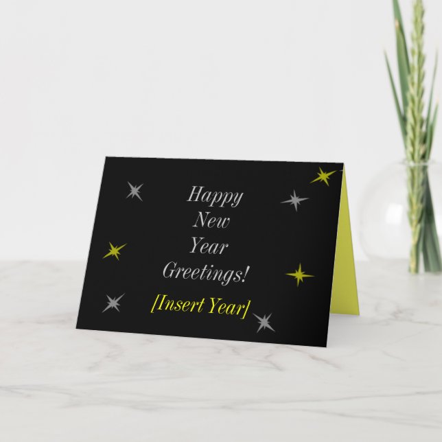 Happy New Year Greetings! (black, silver and gold) Holiday Card (Front)