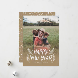 Happy New Year Hand drawn Pine Berries Photo Holiday Card