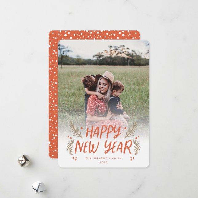 Happy New Year Hand drawn Pine Berries Red Photo Holiday Card (Front/Back In Situ)