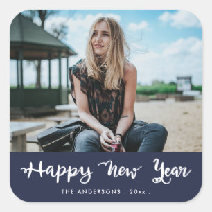 Happy New Year Handwritten Navy Blue   Photo Square Sticker