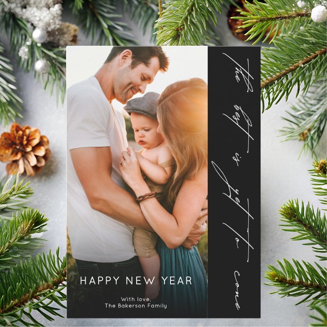 Happy New Year Handwritten Script Black Photo Holiday Card (Creator Uploaded)