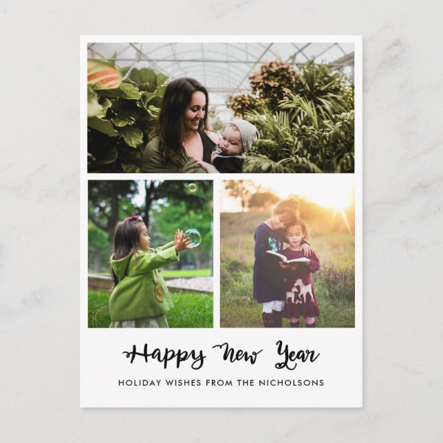 Happy New Year Handwritten Script | Three Photos Holiday Postcard (Front)