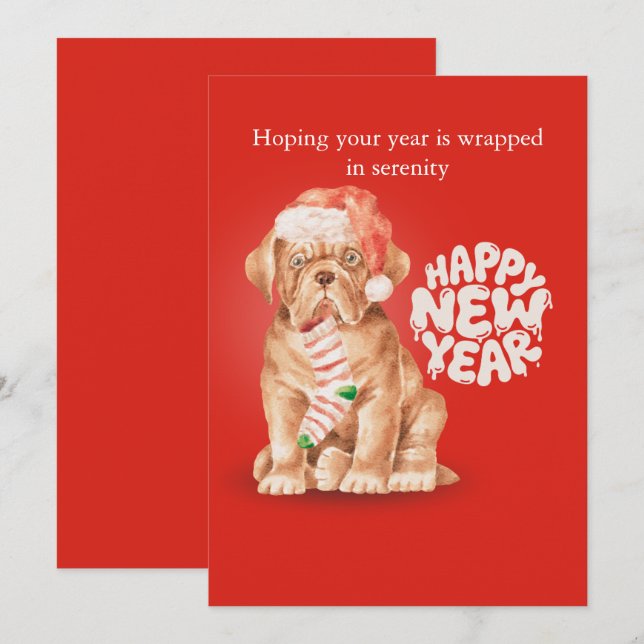 Happy new year holiday cards dog festive red (Front/Back)