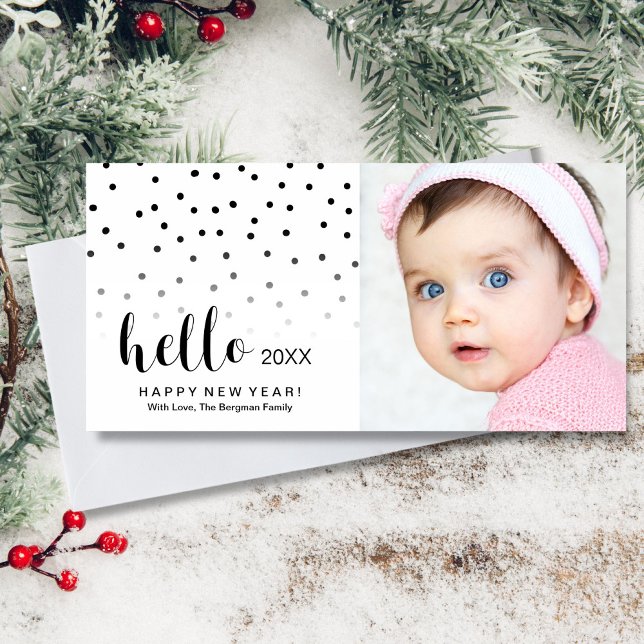 Happy New Year Holiday Photo Modern Dots Hello Card (Creator Uploaded)