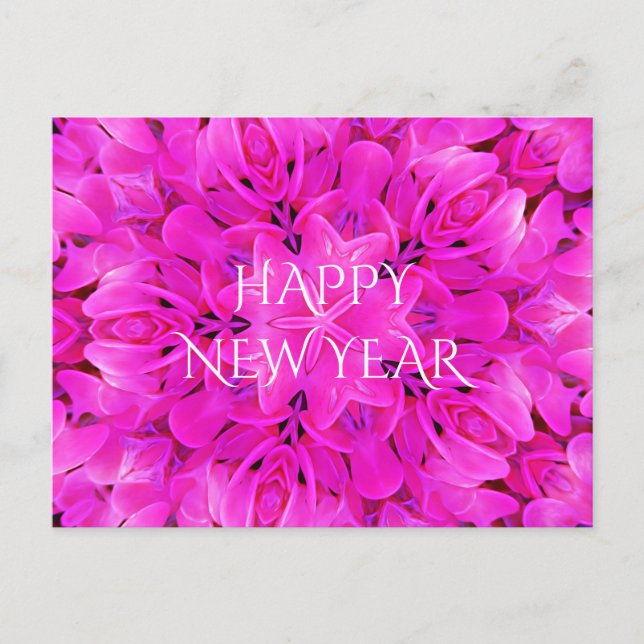 Happy New Year Hot Pink Kaleidoscope Design Floral Holiday Postcard (Front)