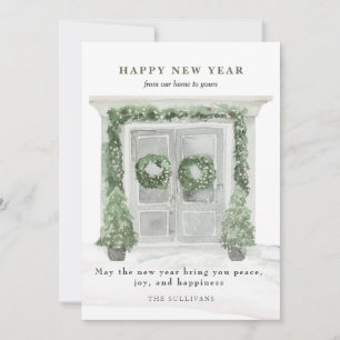 Happy New Year House Front Door Winter Snow Holiday Card