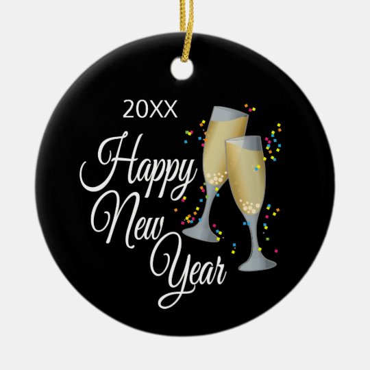 Happy New Year I Champagne Glasses and Confetti Ceramic Ornament