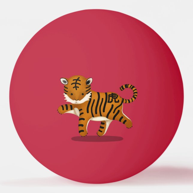 "Happy New Year" in Chinese 2022 Tiger Red Ping Pong Ball (Front)