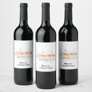 Happy New Year in different languages Holiday Wine Label
