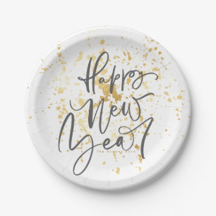 Happy New Year in grey handwritten text Paper Plate