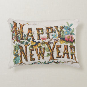 Happy New Year in Tree Trunks, Acorns and Flowers Accent Pillow