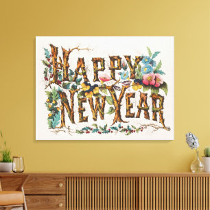 Happy New Year in Tree Trunks, Acorns and Flowers Canvas Print