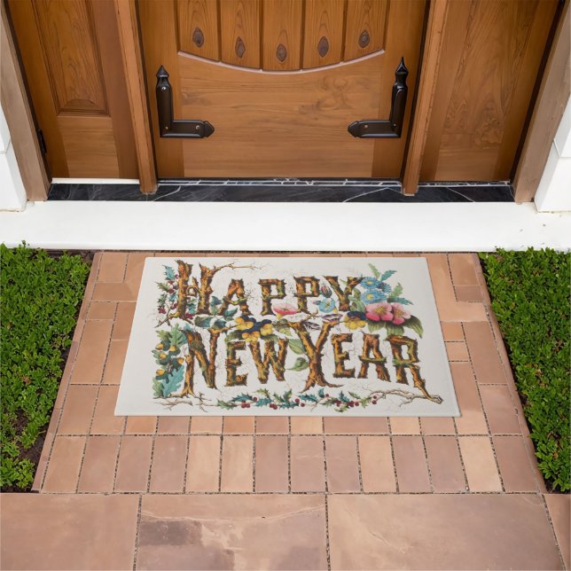 Happy New Year in Tree Trunks, Acorns and Flowers Doormat (Outdoor)