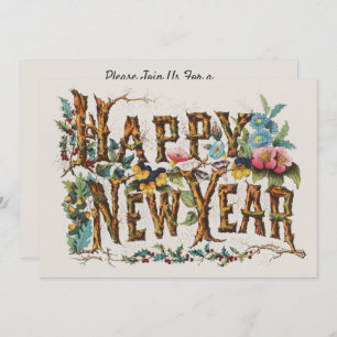 Happy New Year in Tree Trunks, Acorns and Flowers Invitation