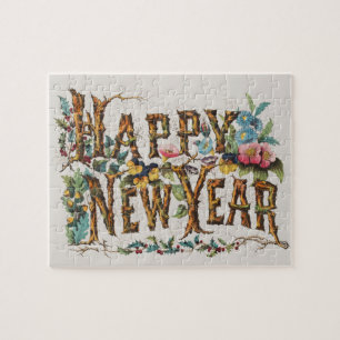 Happy New Year in Tree Trunks, Acorns and Flowers Jigsaw Puzzle
