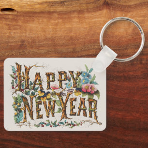 Happy New Year in Tree Trunks, Acorns and Flowers Keychain