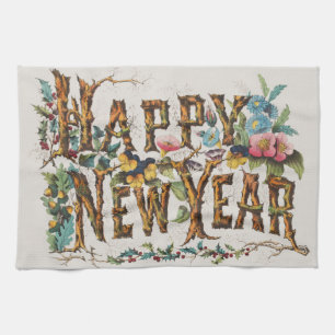 Happy New Year in Tree Trunks, Acorns and Flowers Kitchen Towel