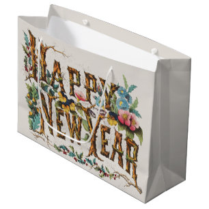 Happy New Year in Tree Trunks, Acorns and Flowers Large Gift Bag