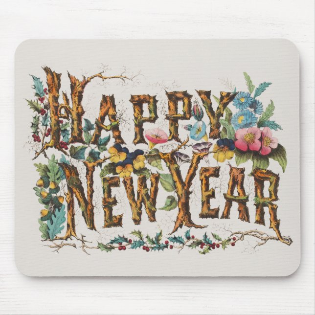 Happy New Year in Tree Trunks, Acorns and Flowers Mouse Pad (Front)