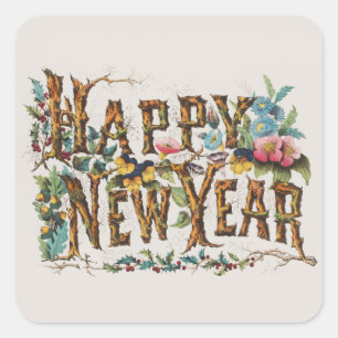 Happy New Year in Tree Trunks, Acorns and Flowers Square Sticker