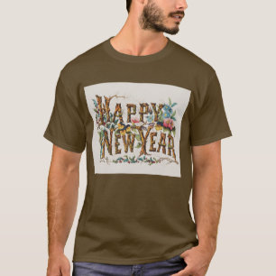 Happy New Year in Tree Trunks, Acorns and Flowers T-Shirt
