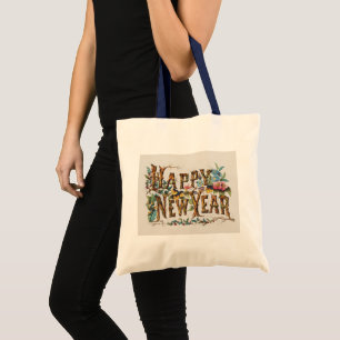 Happy New Year in Tree Trunks, Acorns and Flowers Tote Bag