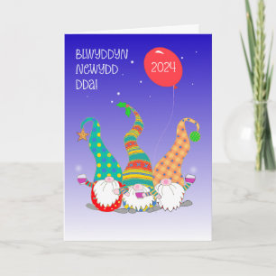 Happy New Year in Welsh Three Cute Gnomes Card