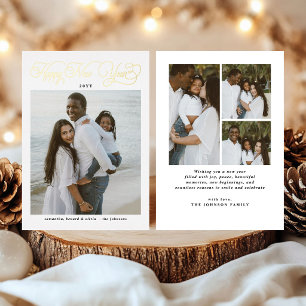 Happy New Year Ivory Family 4 Photo Collage Foil Holiday Card