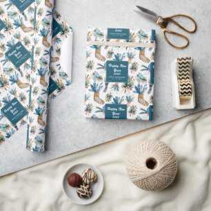 Happy New Year Leaves And Socks Pattern Wrapping Paper