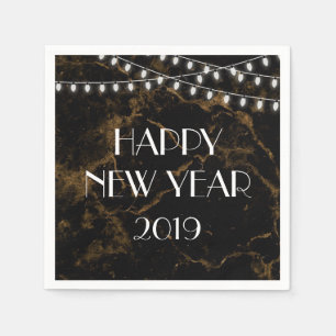 Happy New Year Lights Gold Black Marble Napkin