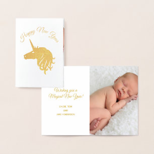 Happy New Year Magical Unicorn Photo Gold Foil Card