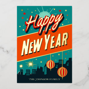 Happy New Year Mid-Century Modern Foil Holiday Card