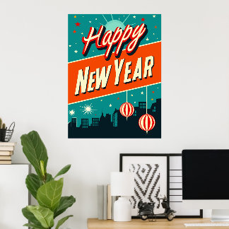 Happy New Year Mid Century Modern Style Poster