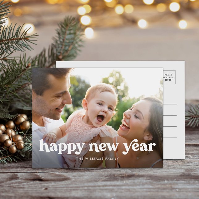 Happy New Year Minimal Simple 1 Photo Holiday Postcard (Creator Uploaded)
