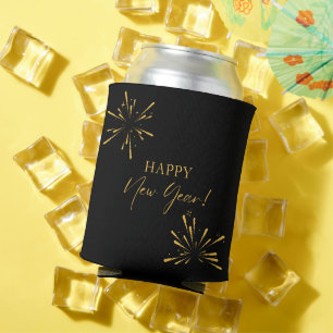 Happy New Year minimalist fireworks black Can Cooler