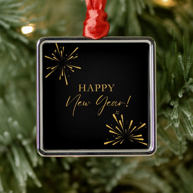 Happy New Year minimalist fireworks black Metal Ornament (Tree)