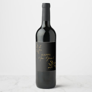 Happy New Year minimalist fireworks black Wine Label