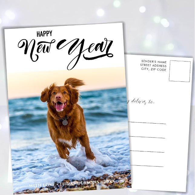 HAPPY NEW YEAR | Minimalist Modern Script Photo Holiday Postcard (Creator Uploaded)