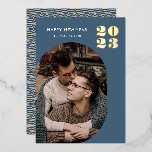 Happy New Year Modern Blue Photo Gold Foil Holiday Card