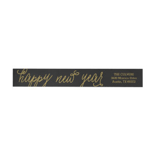 Happy New Year Modern Calligraphy Return Address Wrap Around Label