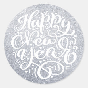 Happy New Year Modern Calligraphy Silver Glitter Classic Round Sticker