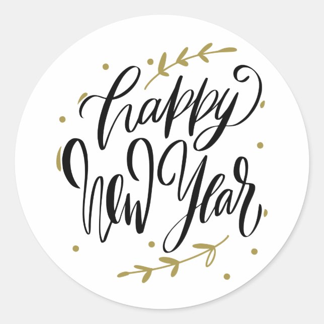 Happy New Year Modern Calligraphy Wreath Black Classic Round Sticker (Front)