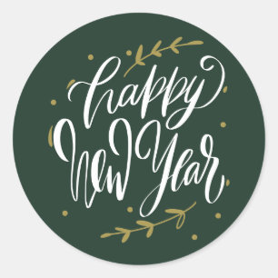 Happy New Year Modern Calligraphy Wreath Green Classic Round Sticker