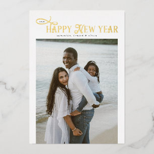 Happy New Year Modern Chic Family 4 Photos Collage Foil Holiday Card
