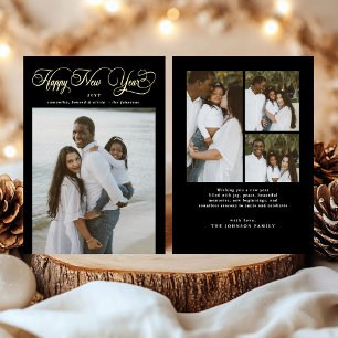 Happy New Year Modern Family 4 Photo Collage Foil Holiday Card