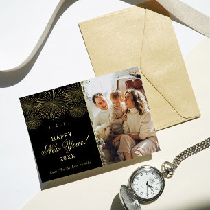 Happy New Year! Modern Fireworks Photo Real Foil Holiday Card