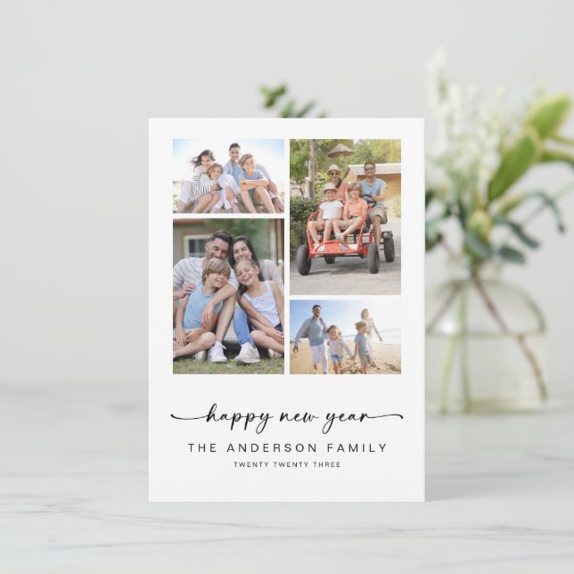 Happy New Year | Modern Four Photo New Year Holiday Card (Standing Front)