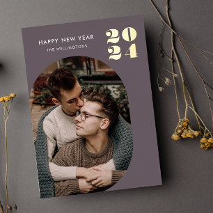 Happy New Year Modern Frame Purple Gold  Foil Holiday Card